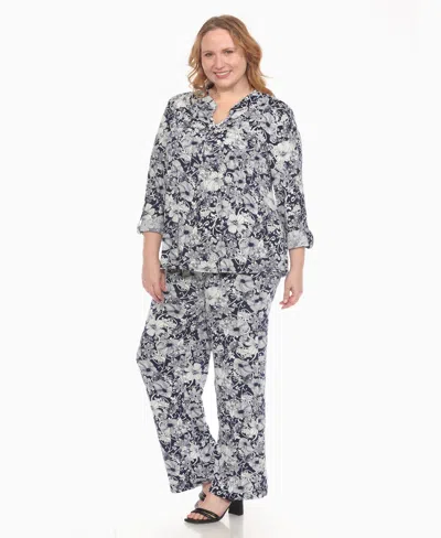 White Mark Plus Size 2-piece Floral Print Tunic Top And Pants Set In Blue