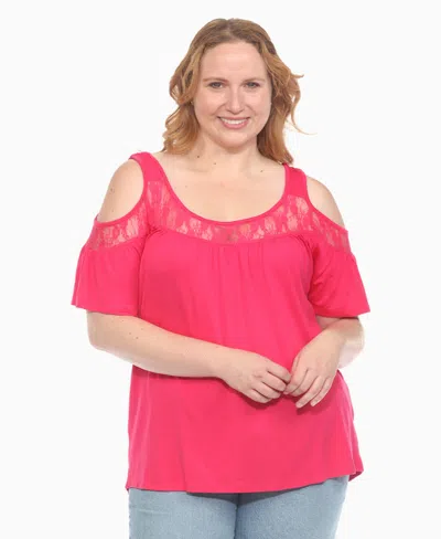 White Mark Plus Size Cold Shoulder Lace Trim Knit Top In Red