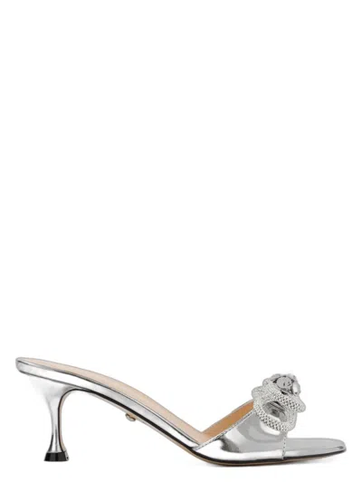 Mach&mach Double Bow Mirror Kitten Heel Sandals Silver