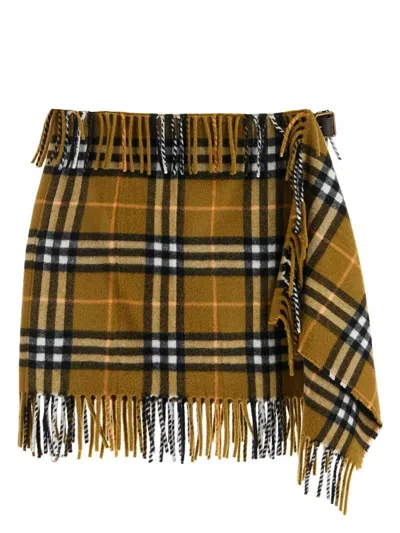 Burberry Cashmere Blend Scarf Miniskirt With Tartan Motif And Fringes
