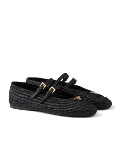 Prada Woven Flat Shoes With Adjustable Gold-tone Straps In Black