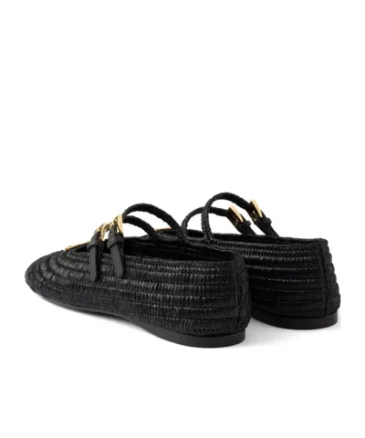 Prada Woven Flat Shoes With Adjustable Gold-tone Straps In Black
