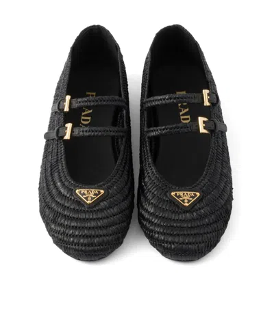 Prada Woven Flat Shoes With Adjustable Gold-tone Straps In Black