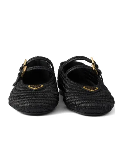 Prada Woven Flat Shoes With Adjustable Gold-tone Straps In Black