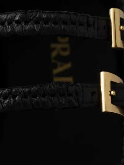 Prada Woven Flat Shoes With Adjustable Gold-tone Straps In Black