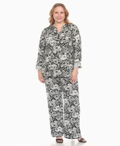 White Mark Plus Size 2-piece Floral Print Tunic Top And Pants Set In Gray