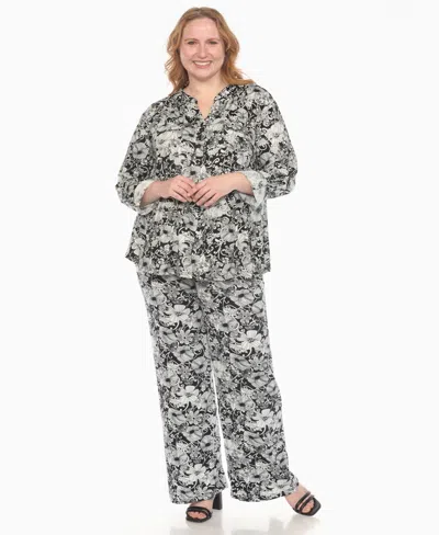 White Mark Plus Size 2-piece Floral Print Tunic Top And Pants Set In Gray