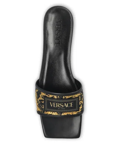 Versace Theia Barocco Square Open Toe Slides In Black
