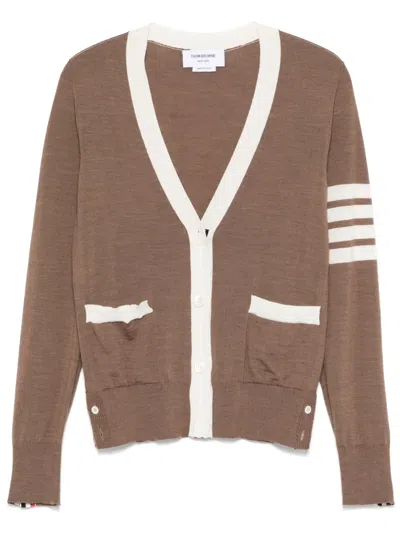 Thom Browne Relaxed Fit V Neck Cardigan 4 Bar Stripe In Brown