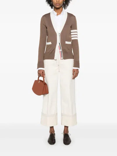 Thom Browne Relaxed Fit V Neck Cardigan 4 Bar Stripe In Brown