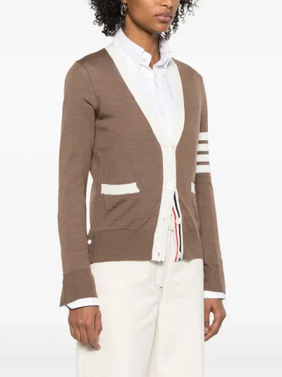 Thom Browne Relaxed Fit V Neck Cardigan 4 Bar Stripe In Brown