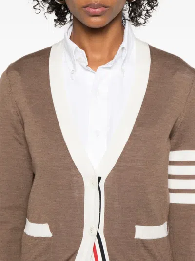 Thom Browne Relaxed Fit V Neck Cardigan 4 Bar Stripe In Brown