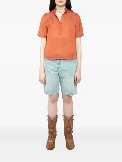 Zadig & Voltaire Womens Sienna Short-sleeved Frill-collar Satin Shirt In Brown