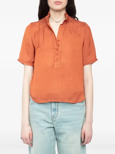 Zadig & Voltaire Womens Sienna Short-sleeved Frill-collar Satin Shirt In Brown