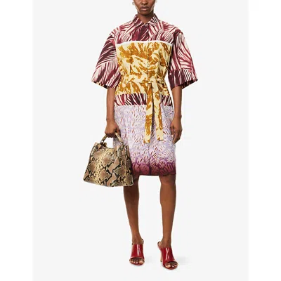 Dries Van Noten Womens Burgundy Abstract-print Belted Cotton-poplin Midi Dress