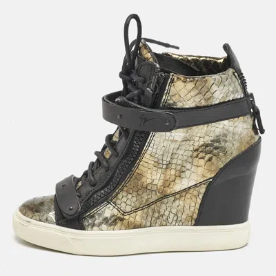 Pre-owned Giuseppe Zanotti Metallic Python Embossed Leather Wedge Sneakers Size 39 In Silver
