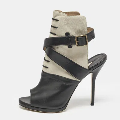 Pre-owned Paul Andrew Black/grey Leather And Suede Criss Cross Open Toe Ankle Strap Boots Size 38