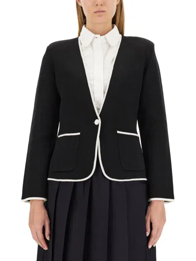 Thom Browne Single-breasted Collarless Jacket In Blue