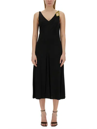 Lanvin Black Midi Dress With Asymmetrical Shoulder Detail