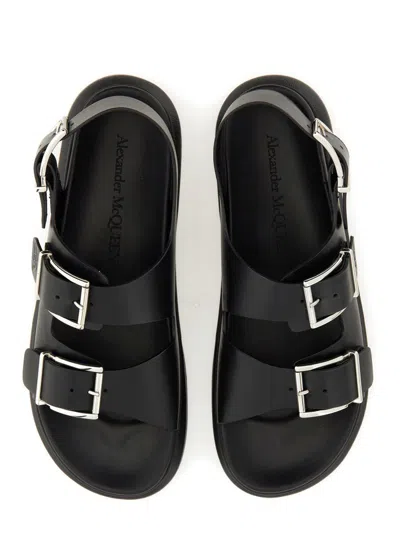 Alexander Mcqueen Black Slide Sandals With Embossed Logo In Leather Man
