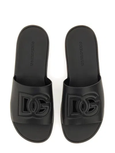 Dolce & Gabbana Black Sandals With Dg Logo Cut-out In Leather Man