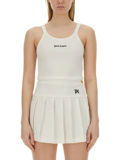 Palm Angels White Cropped Tank Top With Embroidered Logo In Cotton Woman