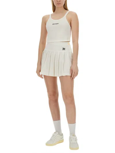 Palm Angels White Cropped Tank Top With Embroidered Logo In Cotton Woman