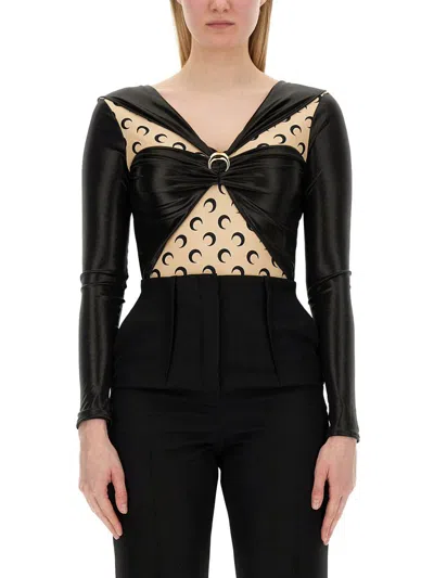 Marine Serre Draped Viscose Bodysuit With Crescent Moon Print Design For Women