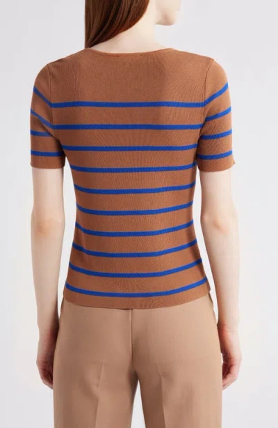 Tahari Asl Stripe Short Sleeve Sweater In Brown