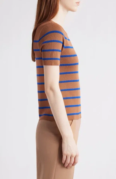 Tahari Asl Stripe Short Sleeve Sweater In Brown