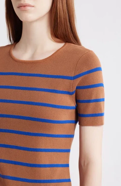 Tahari Asl Stripe Short Sleeve Sweater In Brown