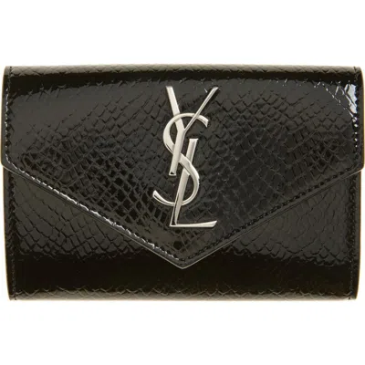 Saint Laurent Small Cassandre Croc Embossed Leather Wallet