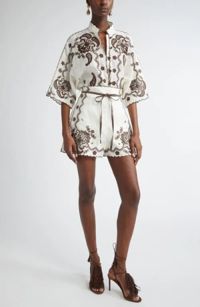 Zimmermann Ascension Leather-trimmed Broderie Anglaise Linen Shirt