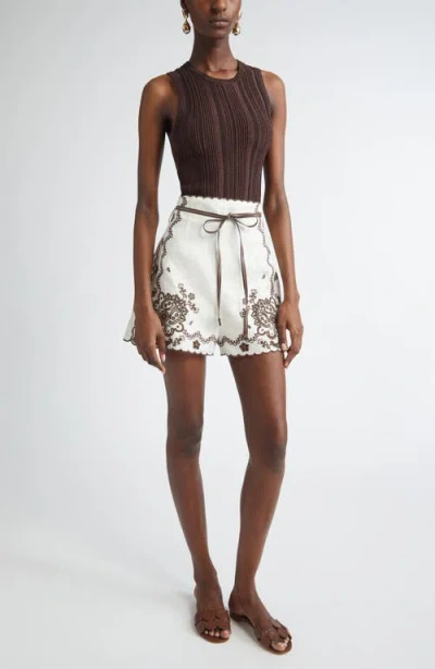 Zimmermann Ascension Embroidered Short Ivory Chocolate In Multi