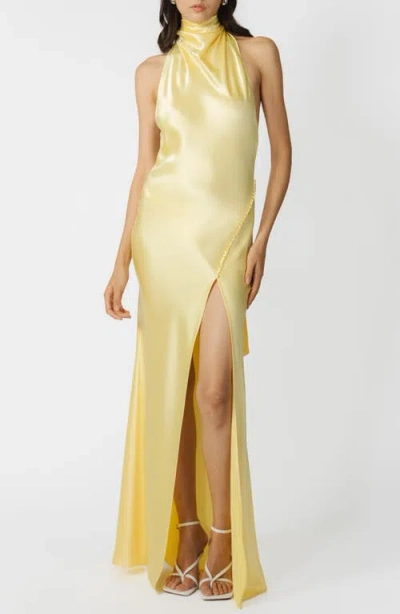 Sau Lee Penelope Satin Halter Neck Gown In Yellow