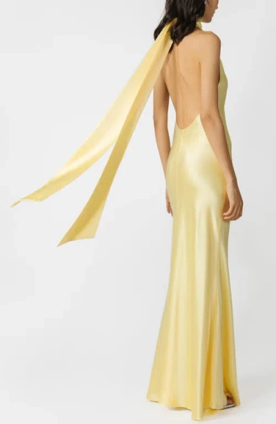 Sau Lee Penelope Satin Halter Neck Gown In Yellow