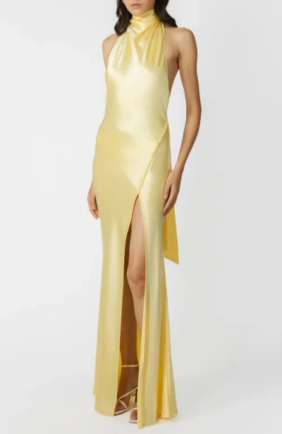 Sau Lee Penelope Satin Halter Neck Gown In Yellow