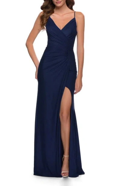 La Femme Net Jersey Prom Dress With Ruching Across Front In Blue