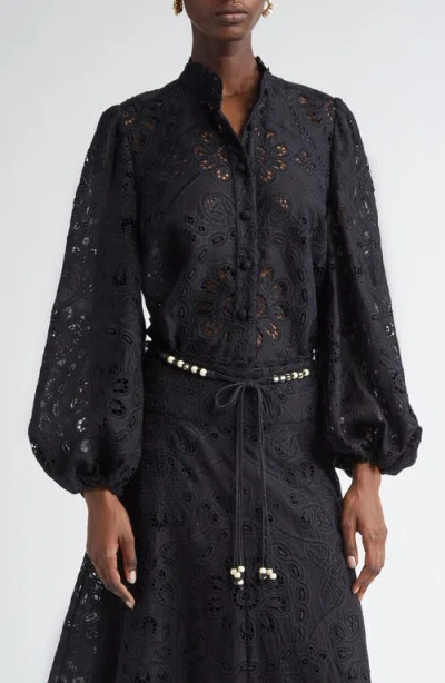 Zimmermann Rhiannon Guipure Lace Trim Cotton Shirt In Black