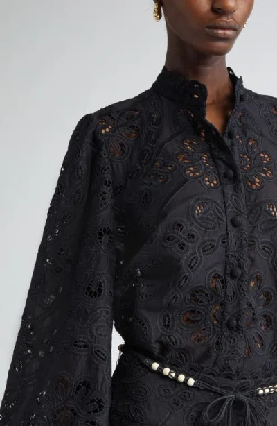 Zimmermann Rhiannon Guipure Lace Trim Cotton Shirt In Black