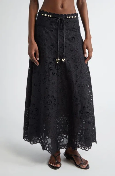 Zimmermann Flared Midi Skirt With Embroidered Openwork Design In Black