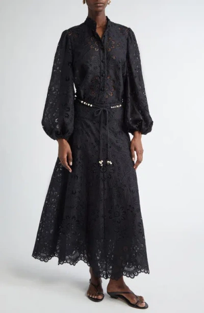 Zimmermann Flared Midi Skirt With Embroidered Openwork Design In Black