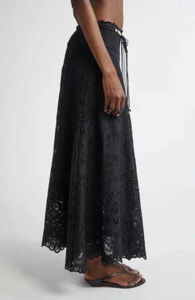 Zimmermann Flared Midi Skirt With Embroidered Openwork Design In Black