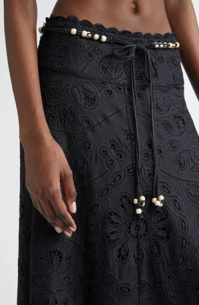 Zimmermann Flared Midi Skirt With Embroidered Openwork Design In Black