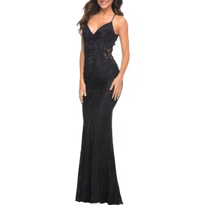 La Femme Lace Prom Dress With Illusion Embellished Sides