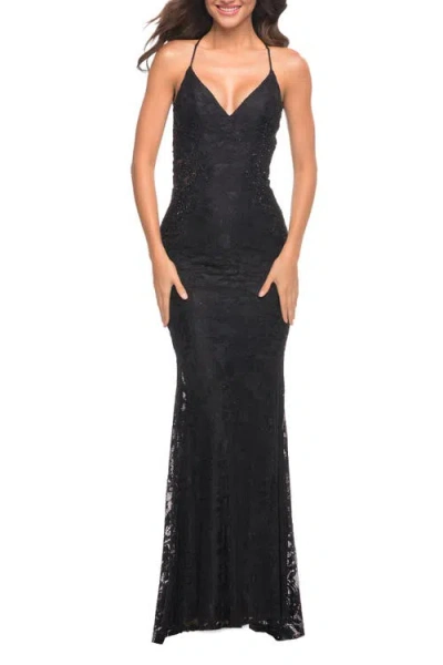 La Femme Lace Prom Dress With Illusion Embellished Sides