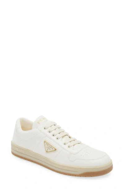 Prada Streamlined Leather Low-top Sneakers With Metallic Accent