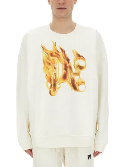 Palm Angels White Crewneck Sweatshirt With Burning Logo Print In Cotton Man