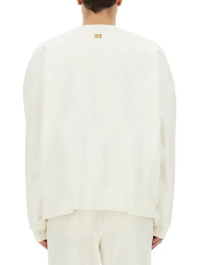 Palm Angels White Crewneck Sweatshirt With Burning Logo Print In Cotton Man