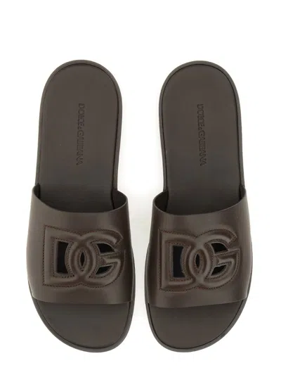Dolce & Gabbana Black Sandals With Dg Logo Cut-out In Leather Man